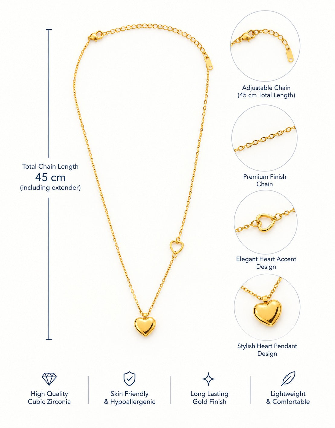 Gold-Plated Puffy Heart Pendant Necklace for Women